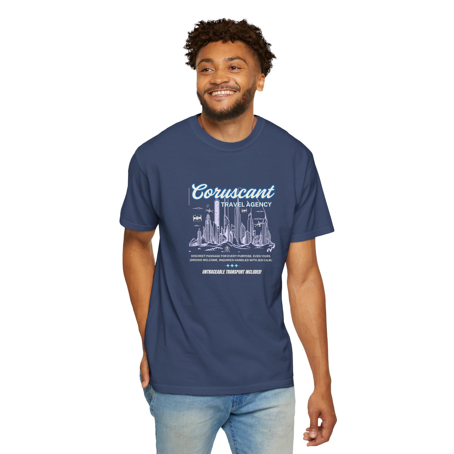 Adventure Awaits: Coruscant Travel Agency Navy T-Shirt