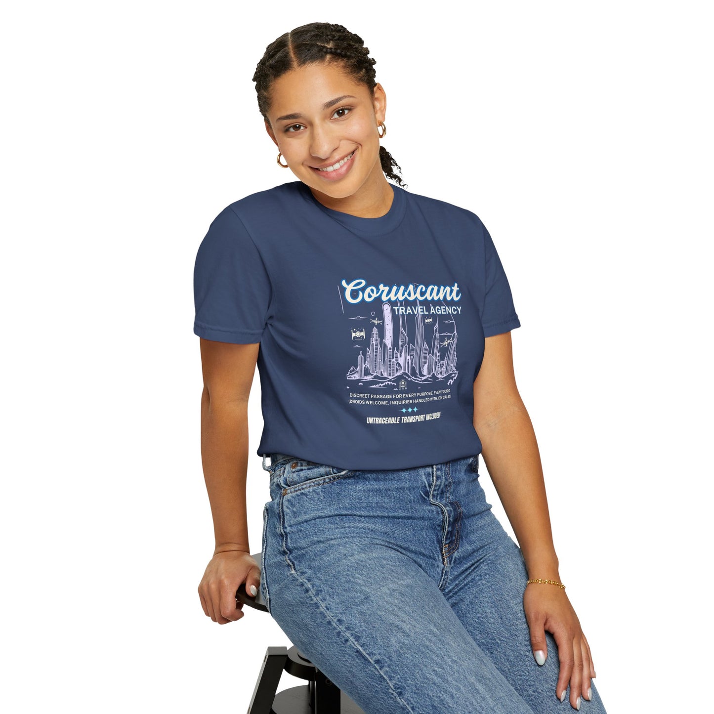 Adventure Awaits: Coruscant Travel Agency Navy T-Shirt